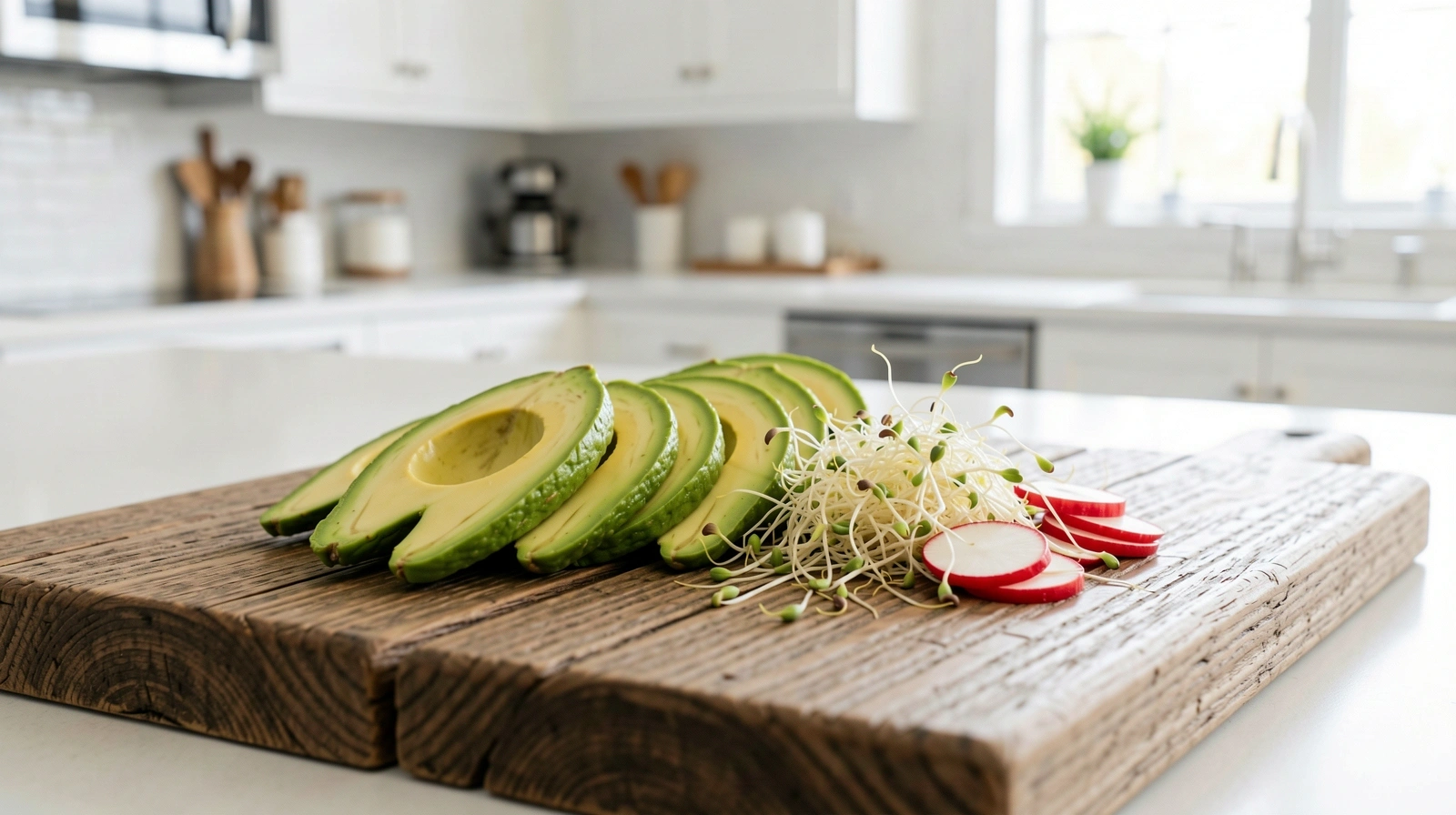 Frische gesunde Lebensmittel auf einer hellen Küchentafel
